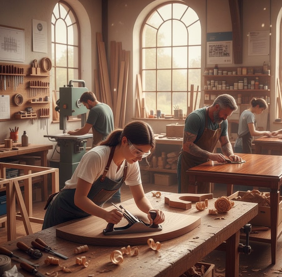 Pyxuathepae workshop showing skilled artisans crafting custom furniture